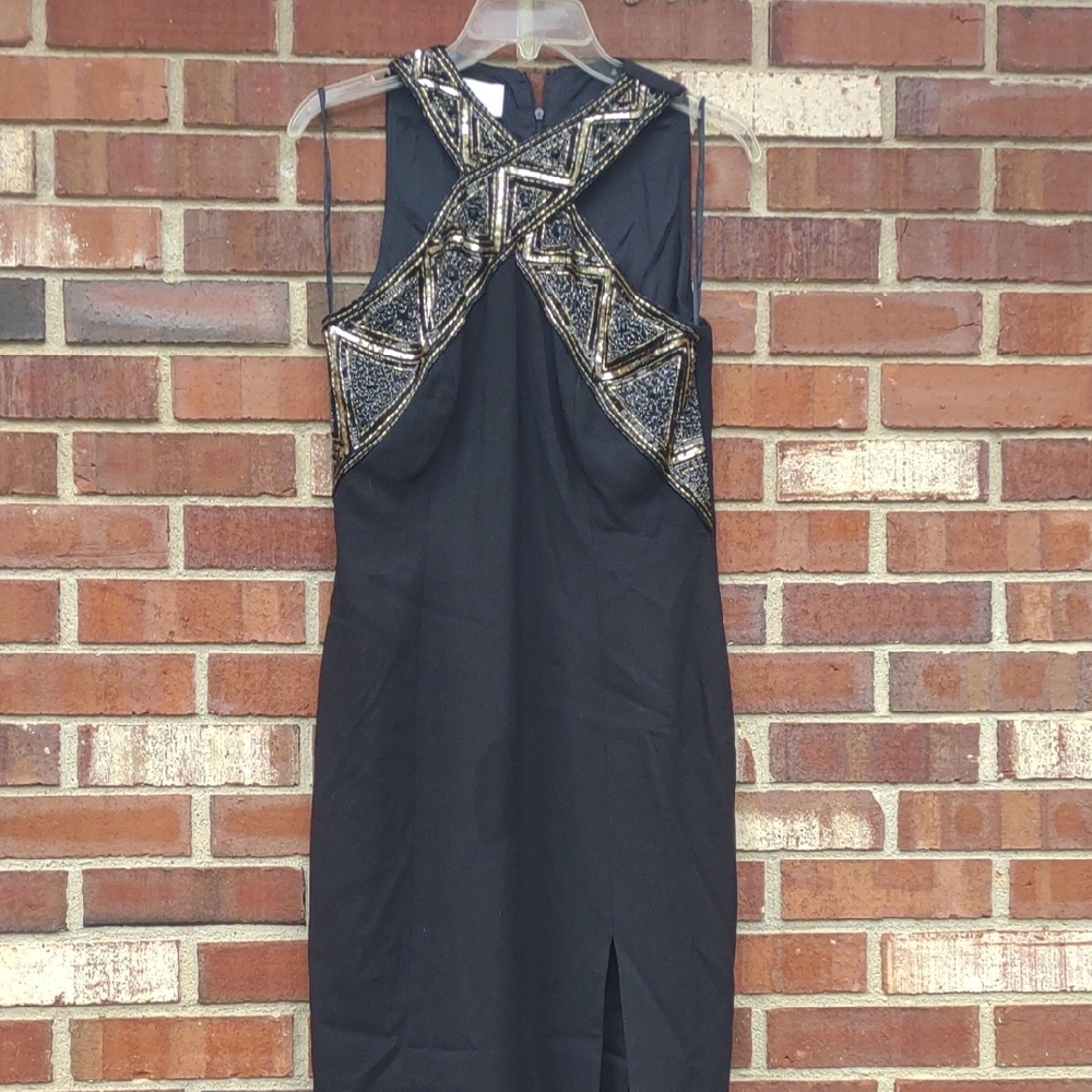 Cache Black and Tan Asymmetrical Halter Sheath Dress